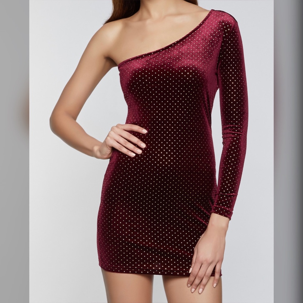 Burgundy Polkadot One Shoulder Mini Dress.